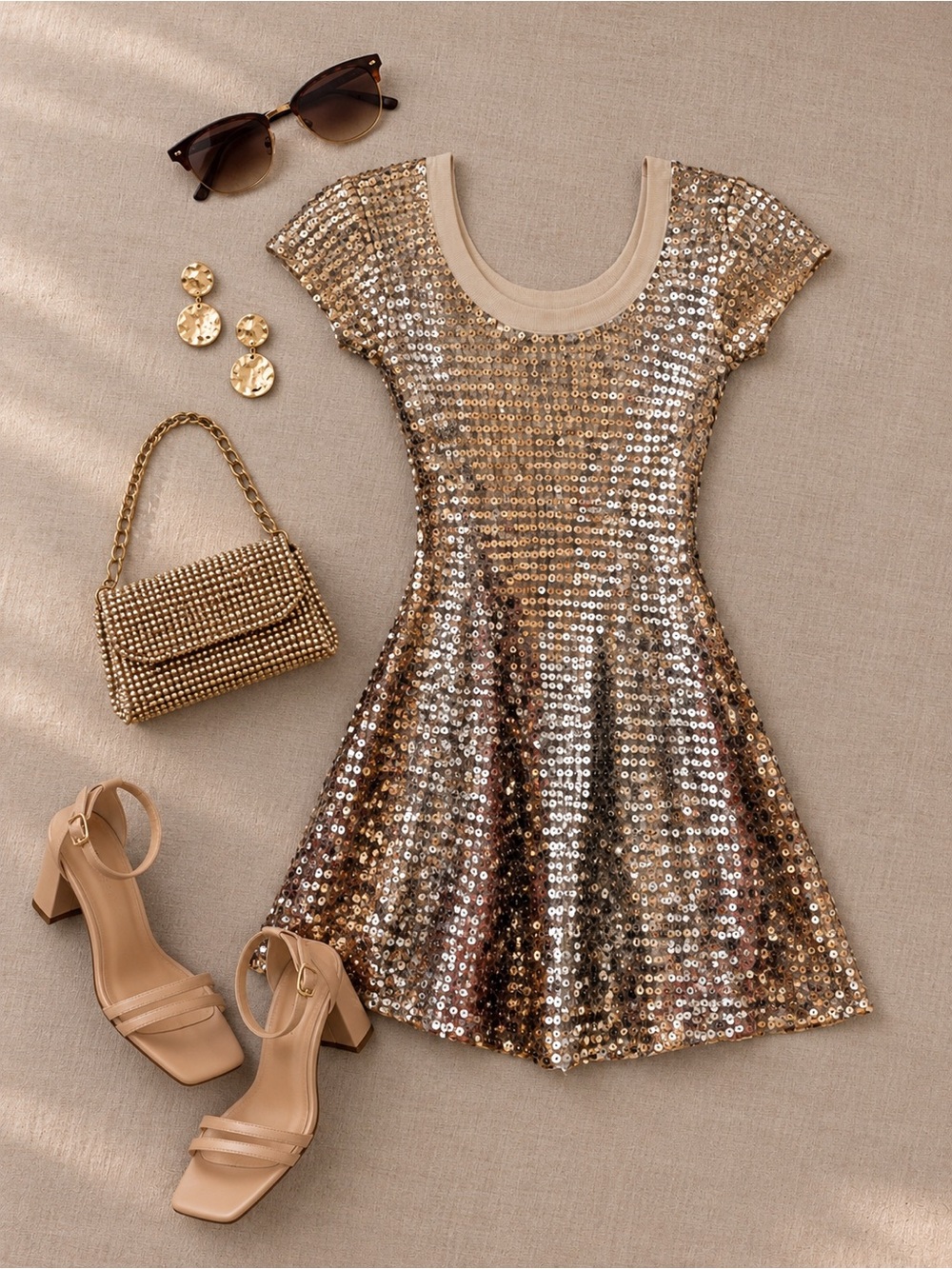 Lisli Hand Crochet Sequin Reversible Knit Mini Dress Gold Petite 0P NWT